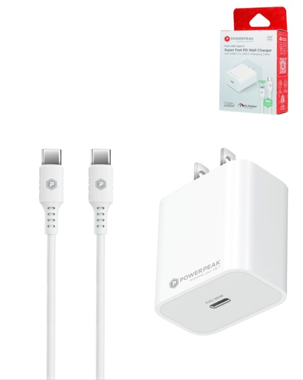 PowerPeak - Ultra Fast Wall Charger w/ USB C-C Cable (WHITE) (6ft) (30W) - Image 5
