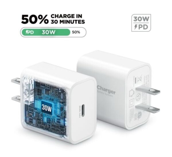 PowerPeak - Ultra Fast Wall Charger w/ USB C-C Cable (WHITE) (6ft) (30W) - Image 4