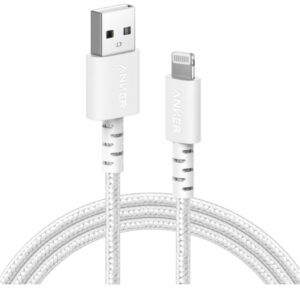 Anker Charging Cable USB to Lightning 6ft braided white color MFI certified.